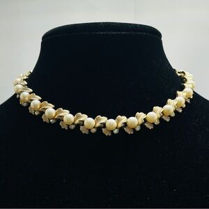BSK, Vintage Gold, Pearl, AB Crystal Short Necklace, 16”, BSK Jewelry 1948-1980